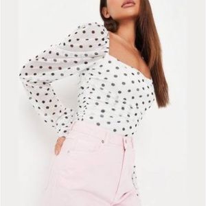 White Polka Dot Mesh Milkmaid Bodysuit